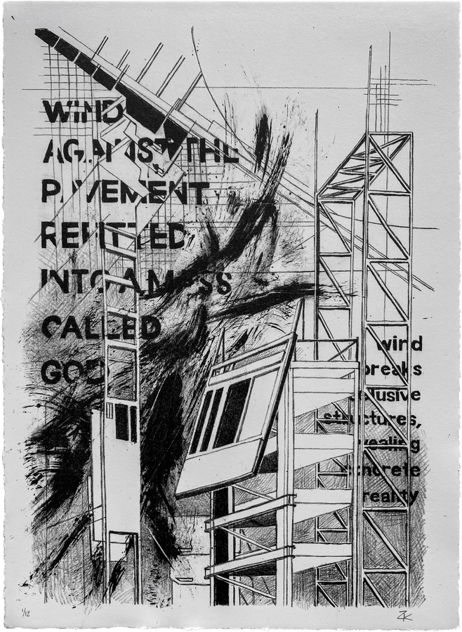 Wind Against the Pavement Refitted Into a Mass Called God (2024) stone lithograph
