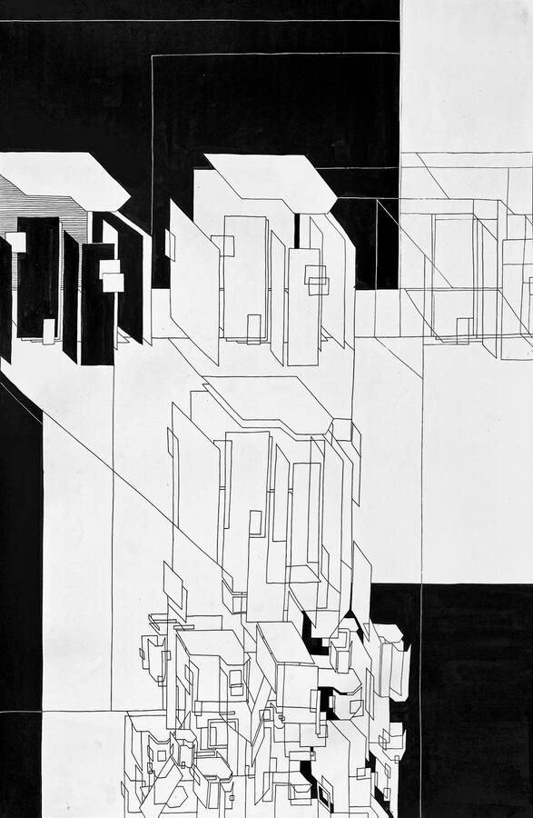 Disintegration of House (2023) 40 in. ink on paper