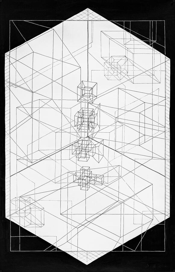 Space and Four Dimension (2023) 40 in. ink and pencil on paper