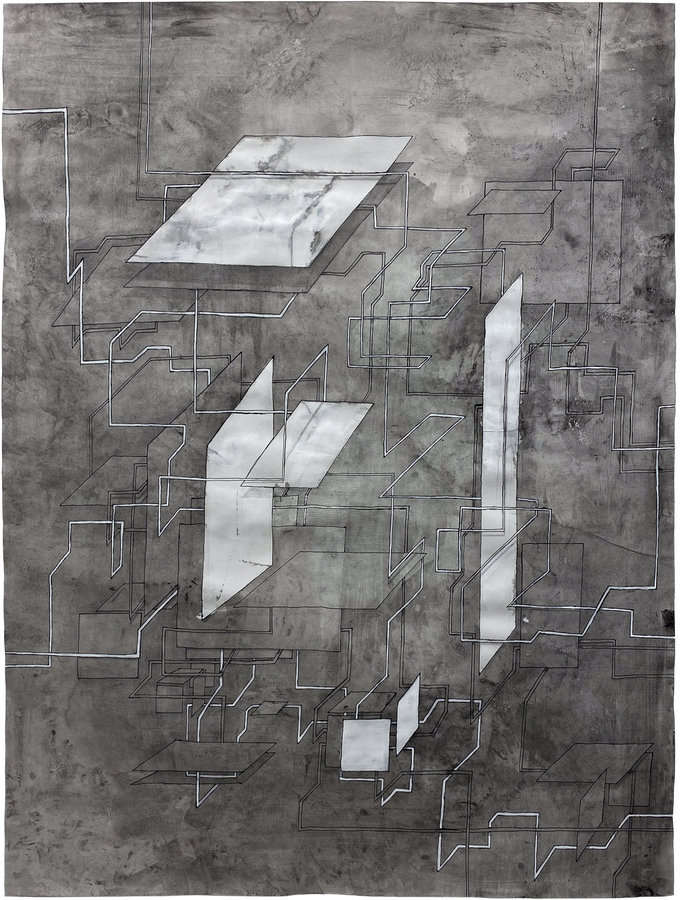 Untitled (2024) 24 in. ink, acrylic, charcoal and glue on paper