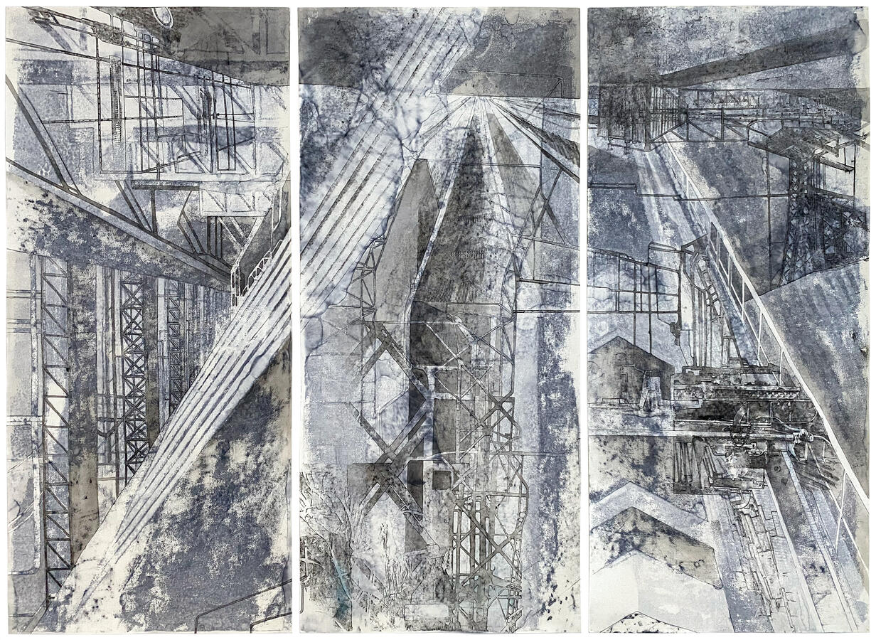 Various Instances of a Cityscape (2023) 40 in. acetone transfer and ink on paper
