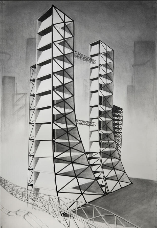 Tower (2023) 44 in. ink and charcoal on paper