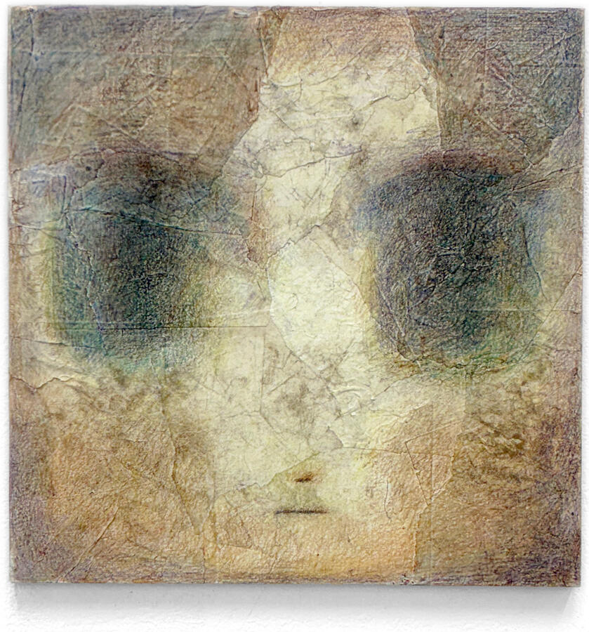 untitled face (2025) 24 in. crayon on stained, dirtied, and collaged paper; mounted on panel