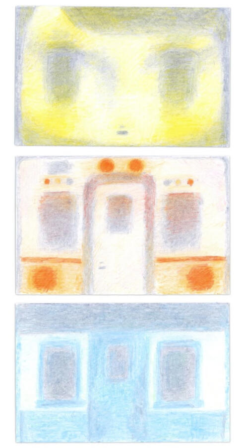 a face, a train, a house (2025) crayon on paper